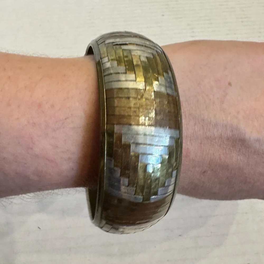 Vintage Metal Bangle Bracelet Tri-Color Woven Copper Bronze Silver Artsy Jewelry